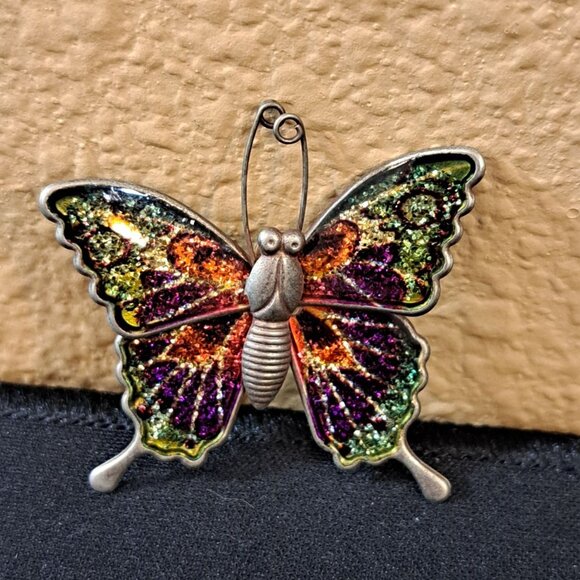 Vintage Butterfly Brooch Pin With Colorful Glitter Enamel Wings - Picture 2 of 5